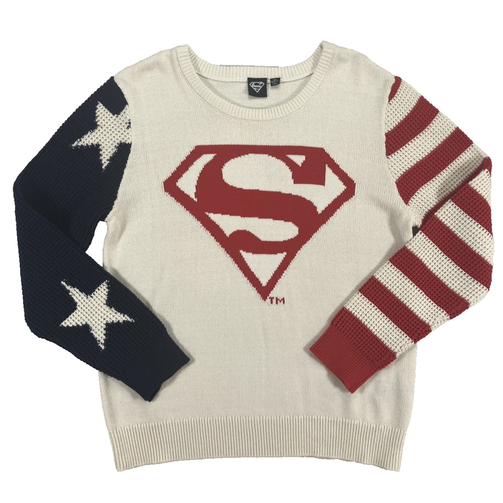 Superman Sweater Adult SZ Medium White Red Blue Knit Preppy America Mad Engine